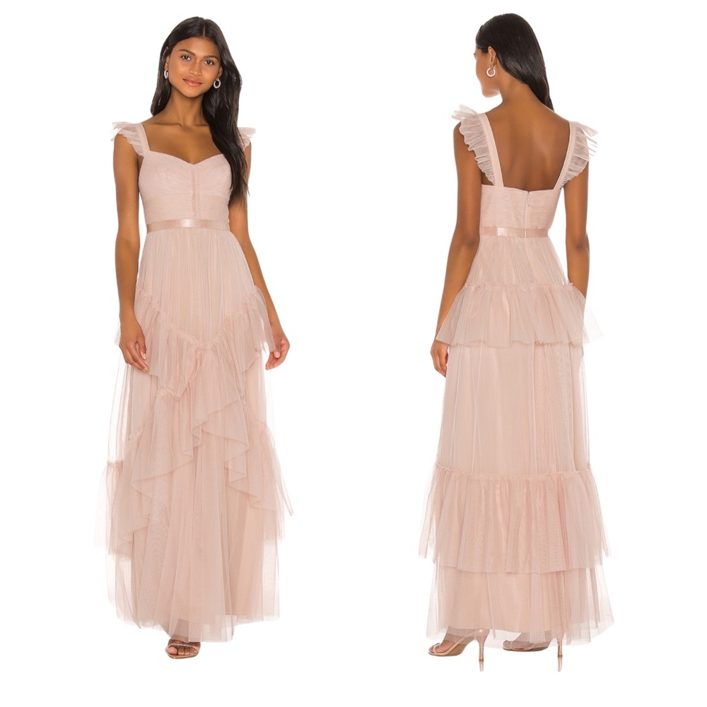 BCBGMAXAZRIA Flutter Sleeve Tulle gown